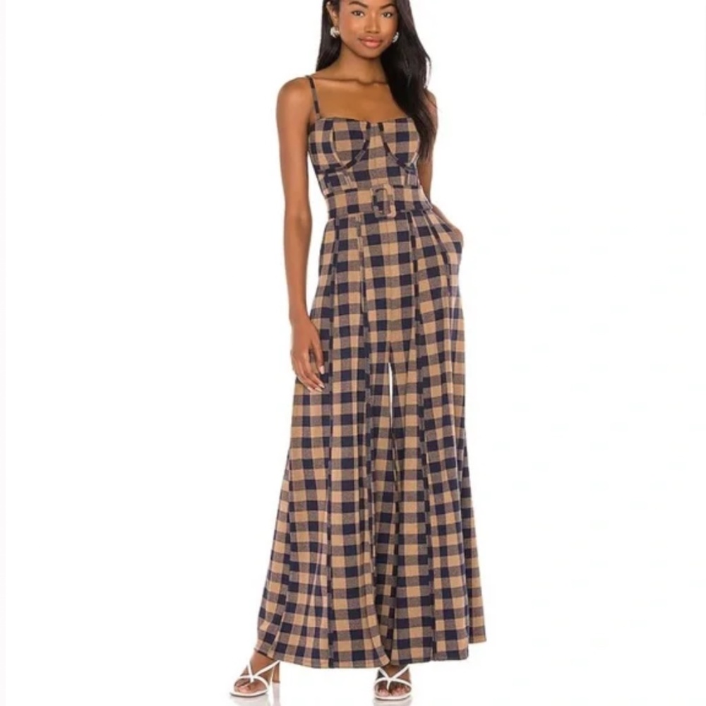 Free People Plaid Wide-Leg Jumpsuit in Navy and Tan